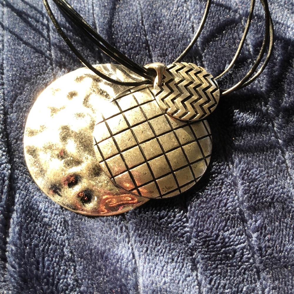 Geometric Large Silver‎ Circle Shield Necklace black Cord